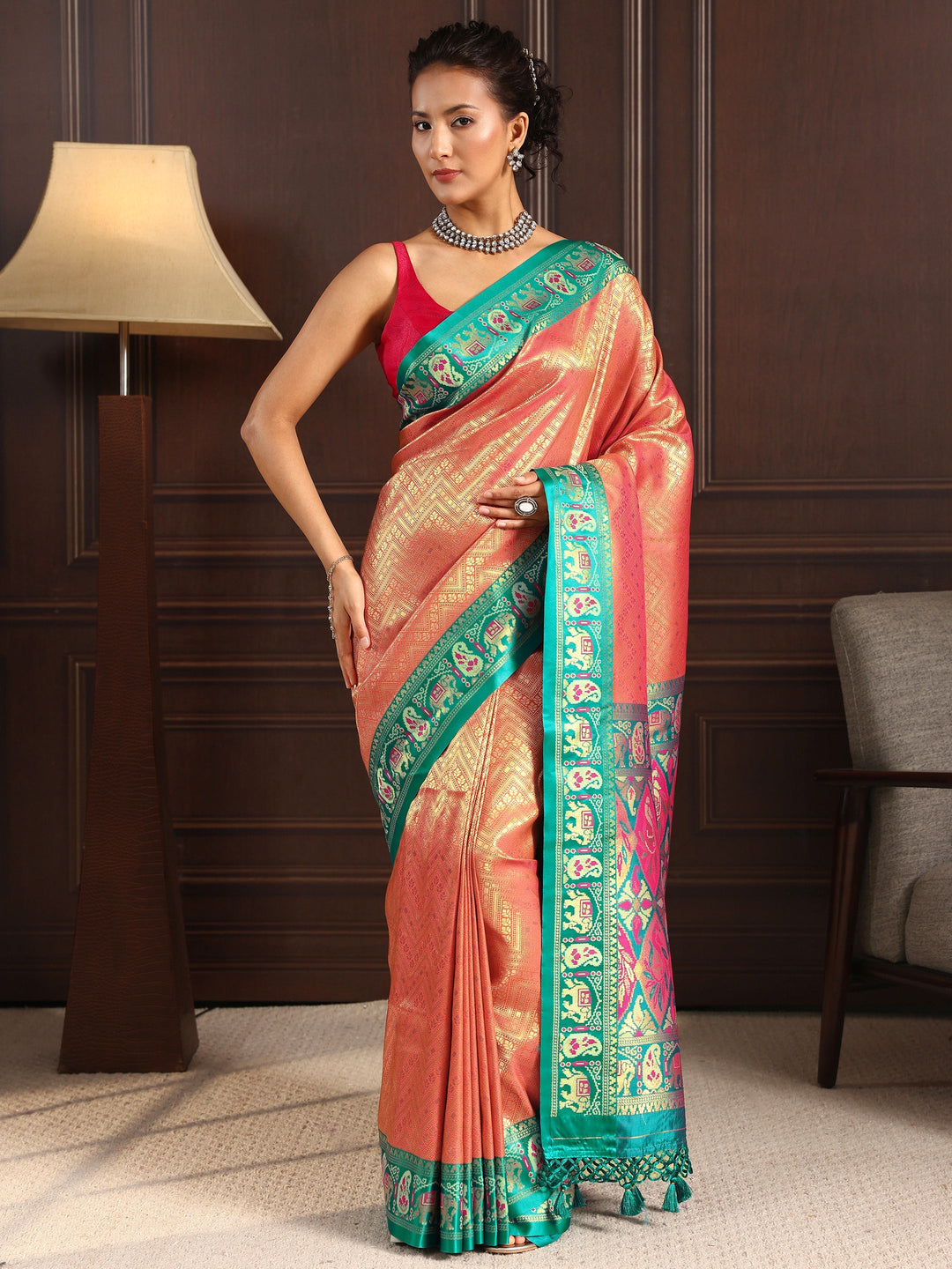  Libas Peach Chevron Woven Design Silk Blend Tassel Saree 