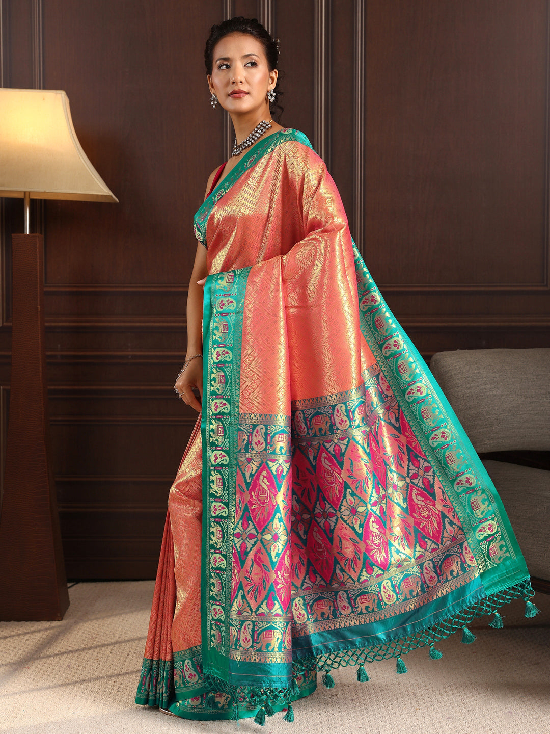  Libas Peach Chevron Woven Design Silk Blend Tassel Saree 