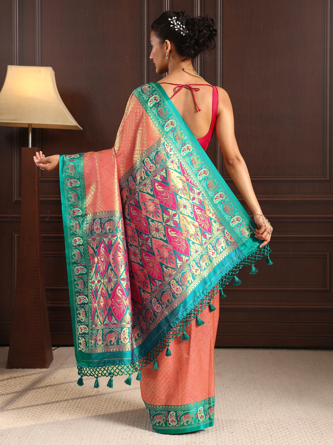  Libas Peach Chevron Woven Design Silk Blend Tassel Saree 