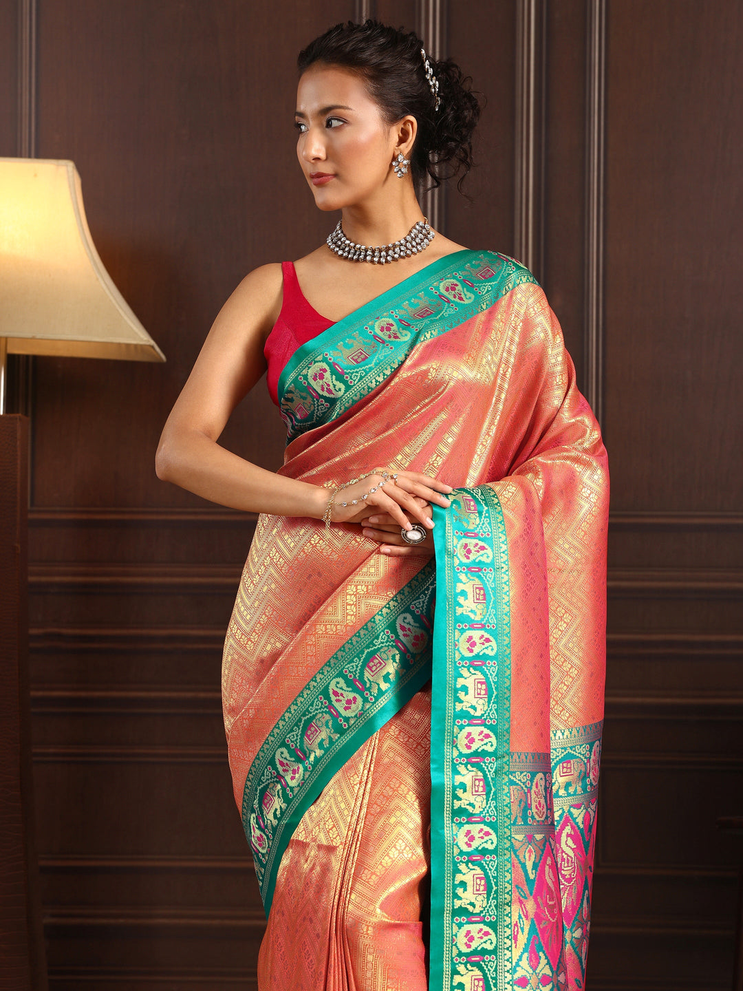  Libas Peach Chevron Woven Design Silk Blend Tassel Saree 