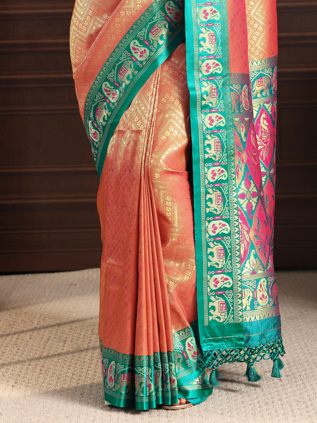  Libas Peach Chevron Woven Design Silk Blend Tassel Saree 