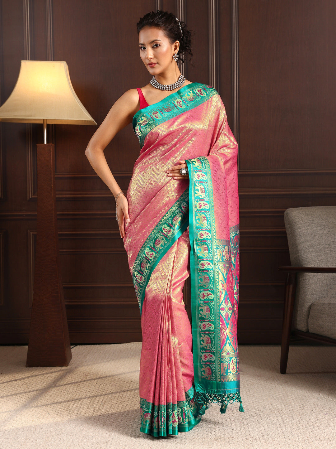  Libas Pink Chevron Woven Design Silk Blend Tassel Saree 