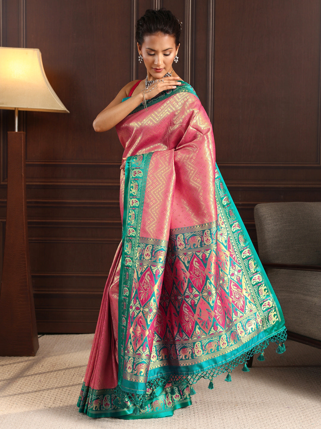  Libas Pink Chevron Woven Design Silk Blend Tassel Saree 