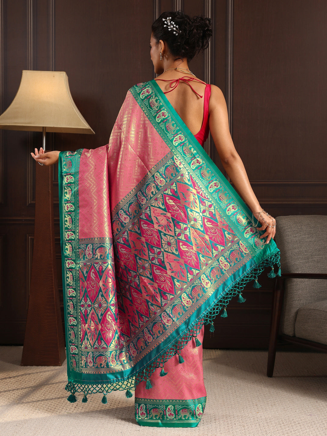  Libas Pink Chevron Woven Design Silk Blend Tassel Saree 