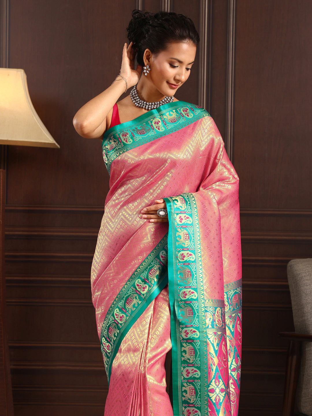  Libas Pink Chevron Woven Design Silk Blend Tassel Saree 