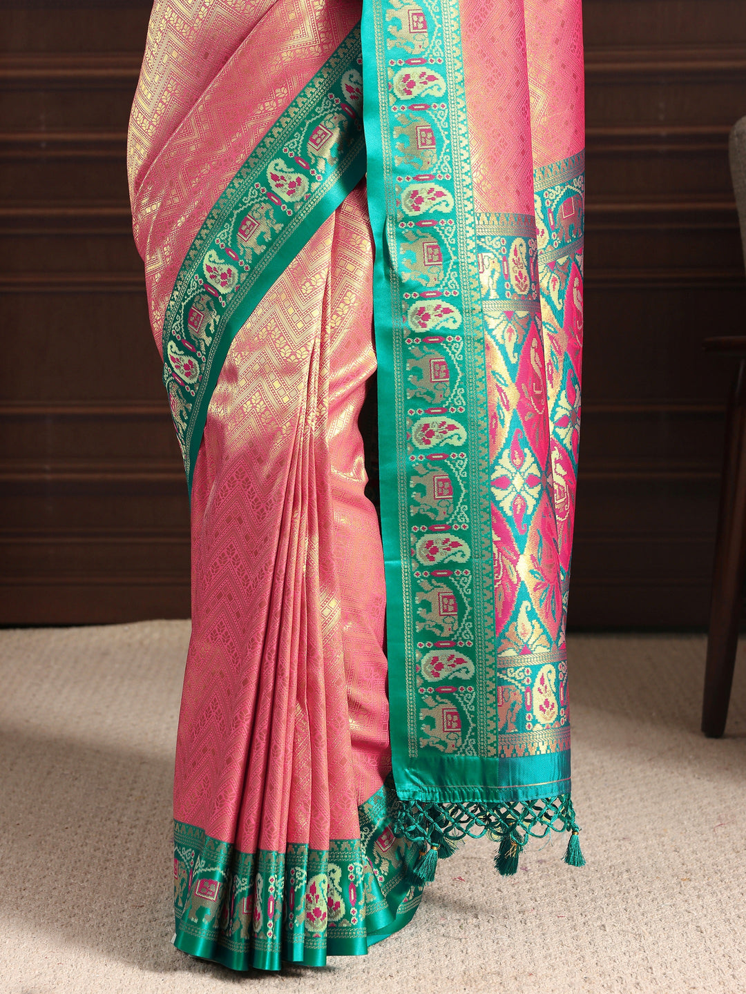  Libas Pink Chevron Woven Design Silk Blend Tassel Saree 