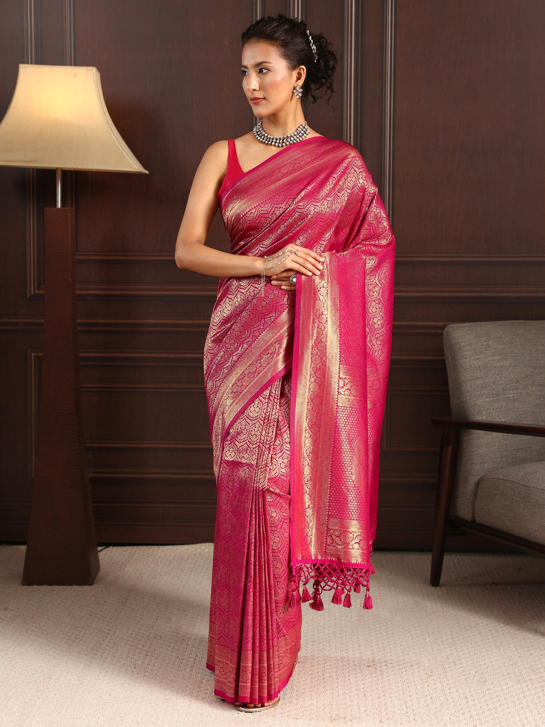  Libas Pink Ethnic Woven Design Silk Blend Tassel Saree 
