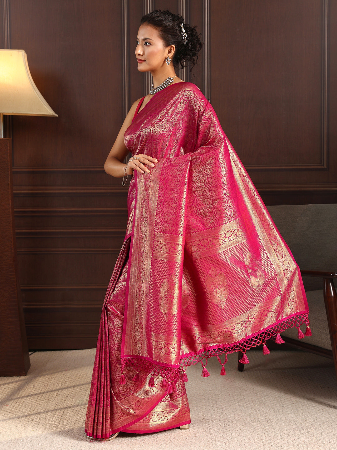  Libas Pink Ethnic Woven Design Silk Blend Tassel Saree 