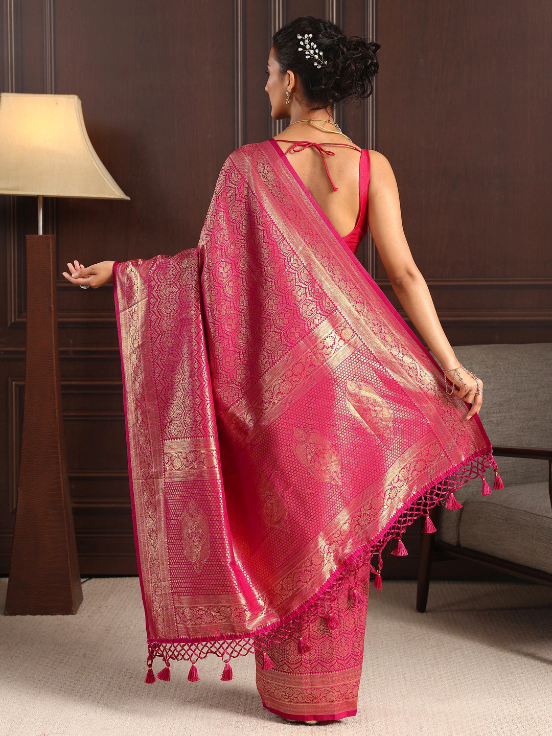  Libas Pink Ethnic Woven Design Silk Blend Tassel Saree 