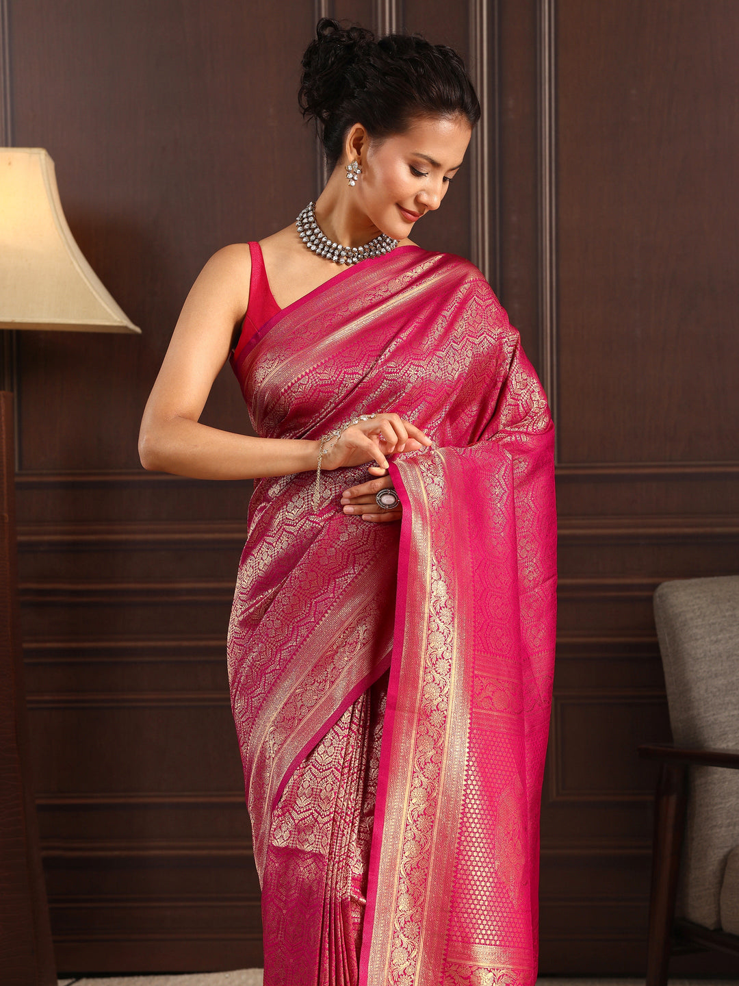  Libas Pink Ethnic Woven Design Silk Blend Tassel Saree 