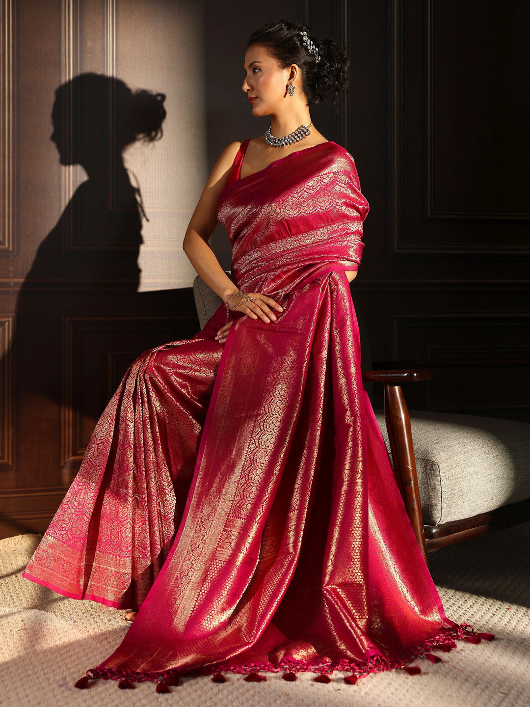  Libas Pink Ethnic Woven Design Silk Blend Tassel Saree 