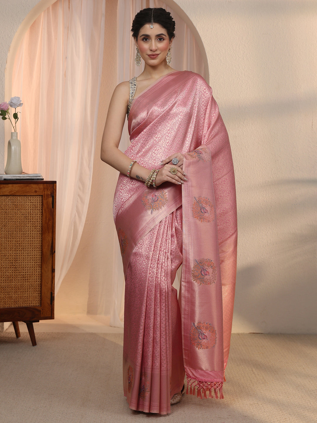  Libas Peach Floral Woven Design Silk Blend Tassel Saree 