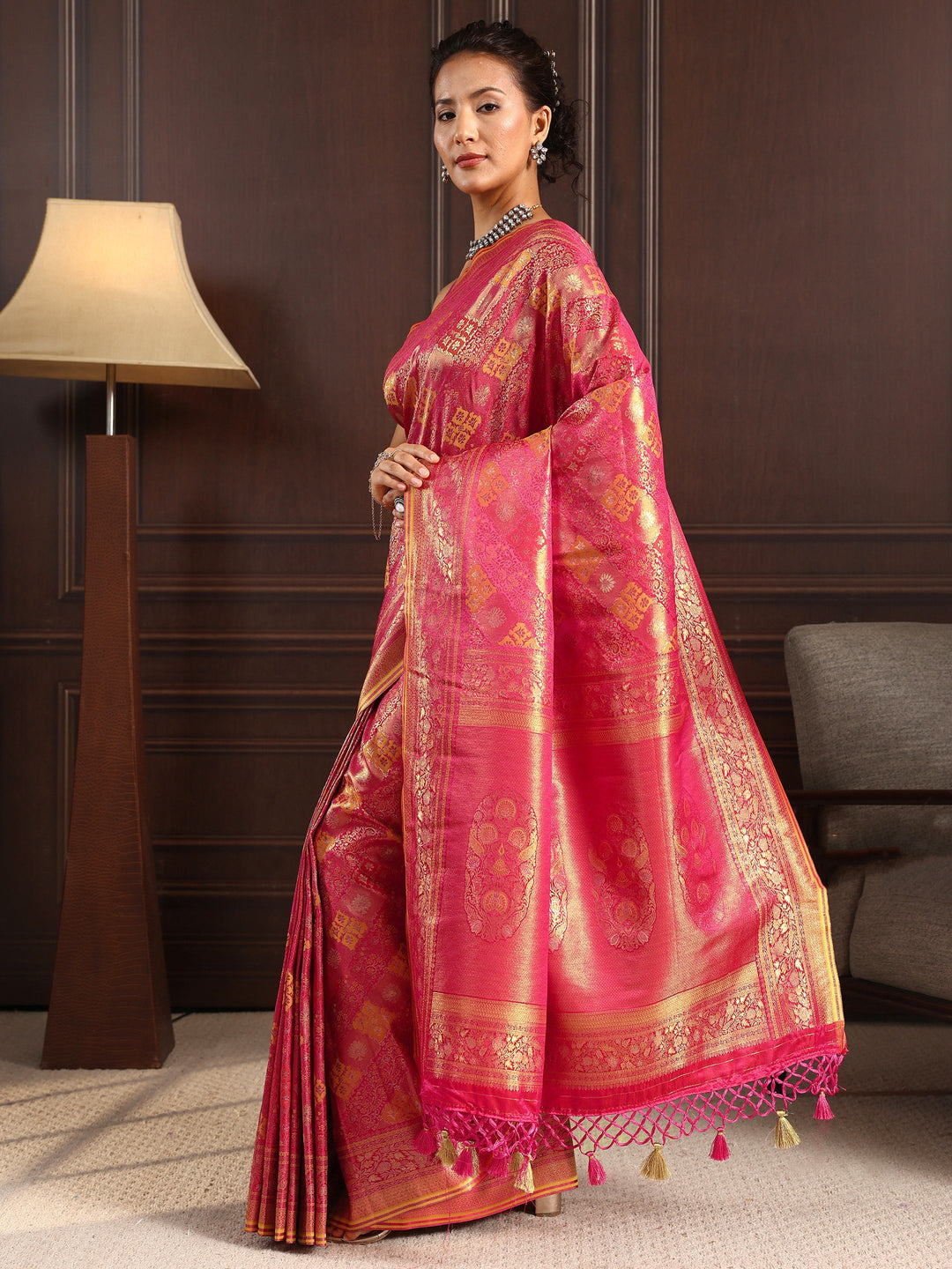  Libas Art Pink Ethnic Woven Design Silk Blend Tassel Saree 