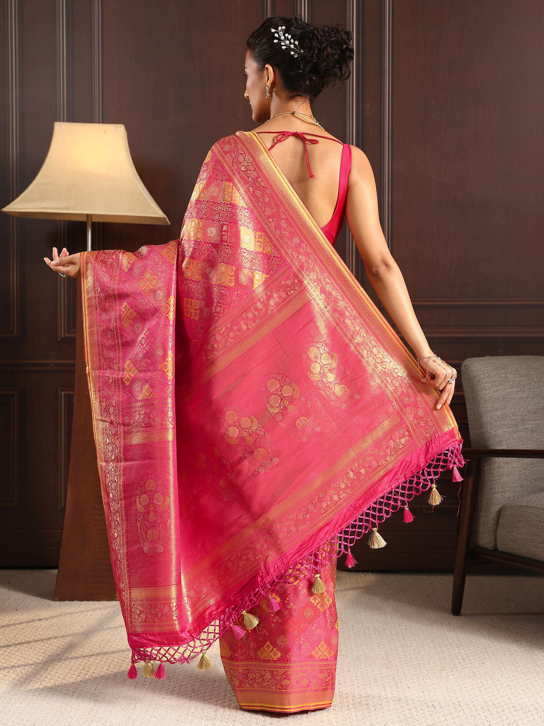  Libas Art Pink Ethnic Woven Design Silk Blend Tassel Saree 