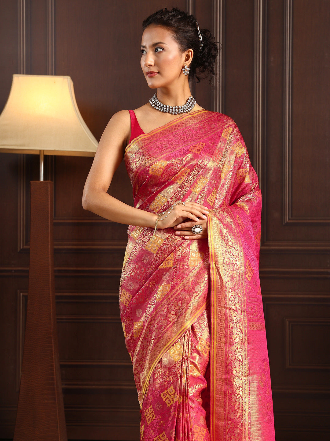  Libas Art Pink Ethnic Woven Design Silk Blend Tassel Saree 