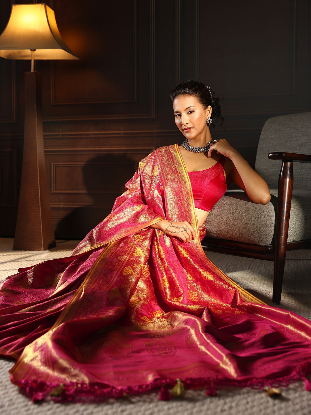  Libas Art Pink Ethnic Woven Design Silk Blend Tassel Saree 