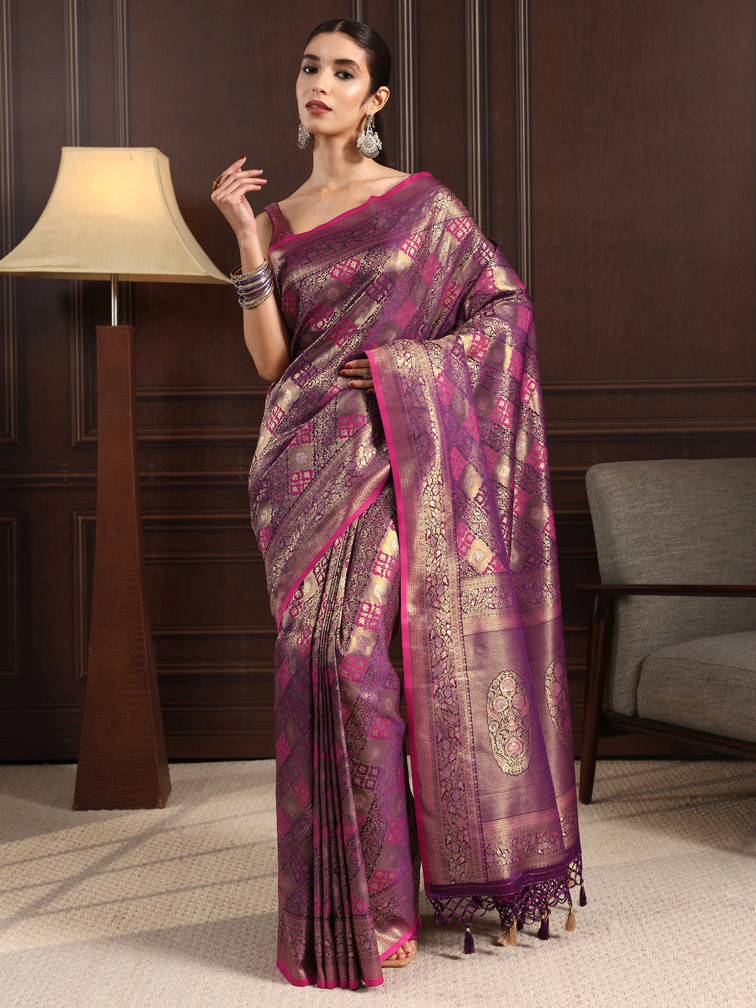  Libas Art Purple Ethnic Woven Design Silk Blend Tassel Saree 