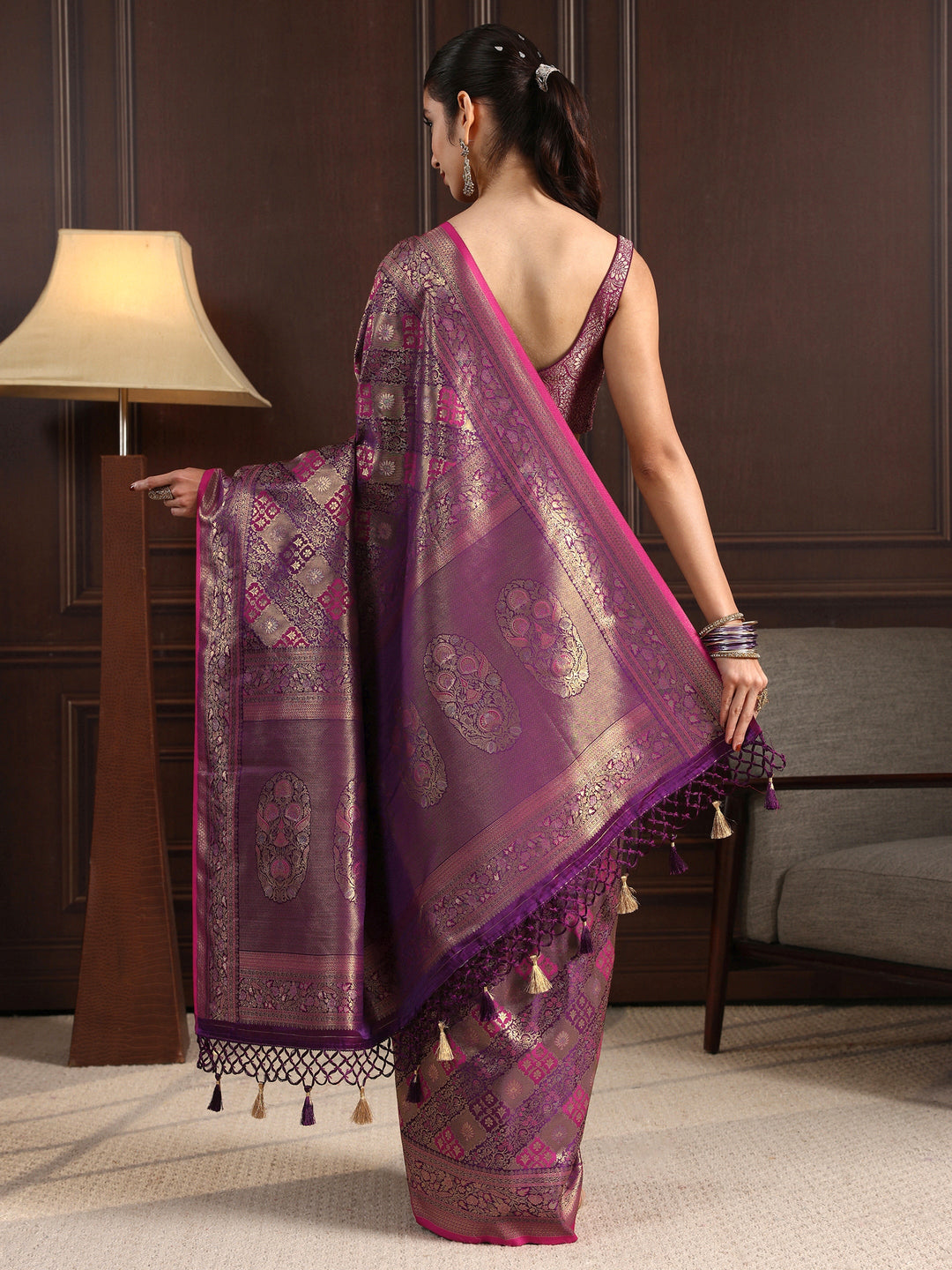  Libas Art Purple Ethnic Woven Design Silk Blend Tassel Saree 