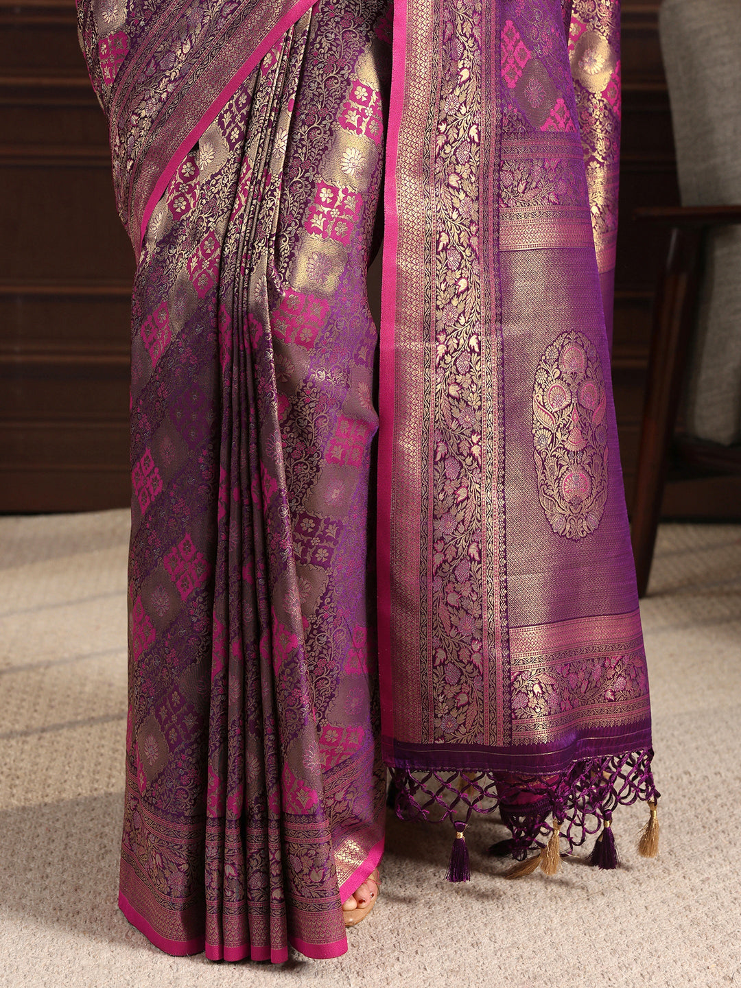  Libas Art Purple Ethnic Woven Design Silk Blend Tassel Saree 