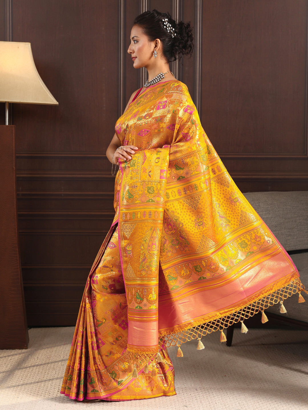  Libas Art Mustard Patola Style Woven Design Silk Blend Tassel Saree 