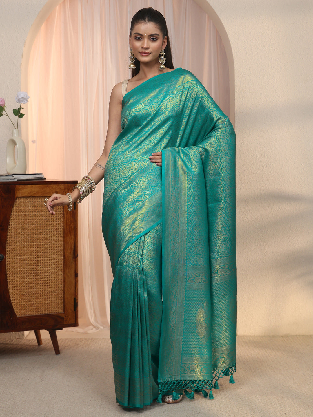  Libas Sea Green Woven Design Silk Blend Tassel Saree 