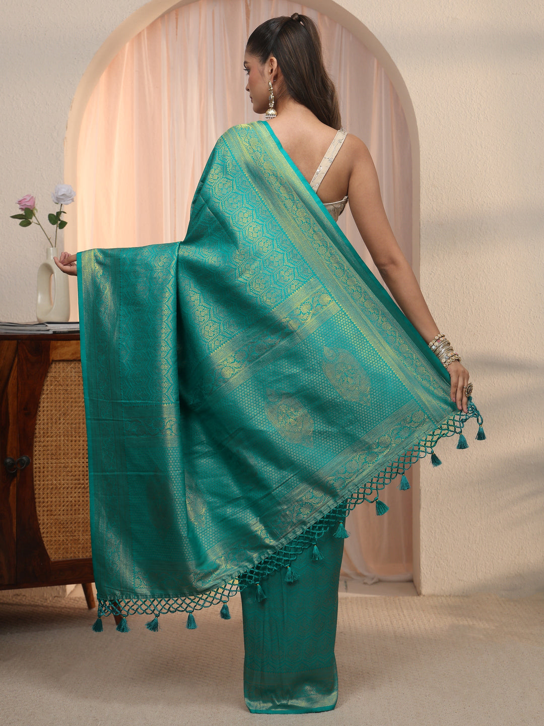  Libas Sea Green Woven Design Silk Blend Tassel Saree 