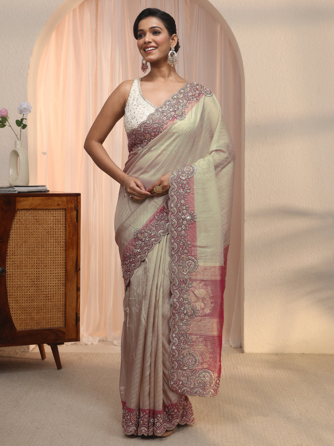  Libas Art Golden Woven Design Tissue Saree with Embellished Border 