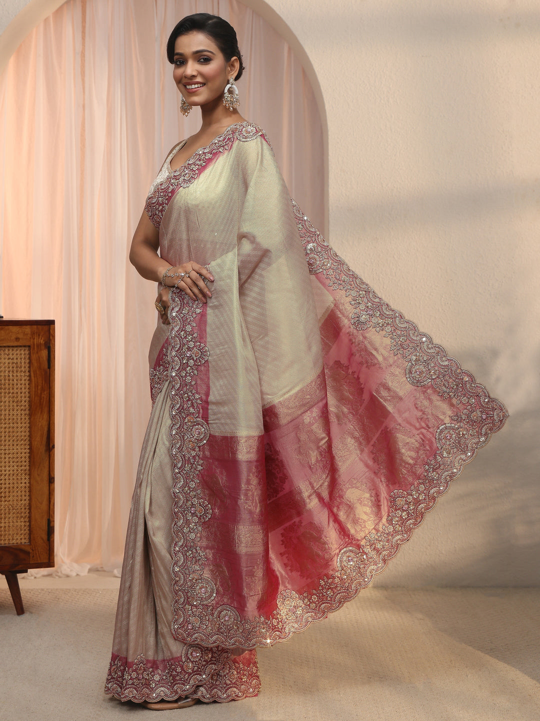  Libas Art Golden Woven Design Tissue Saree with Embellished Border 