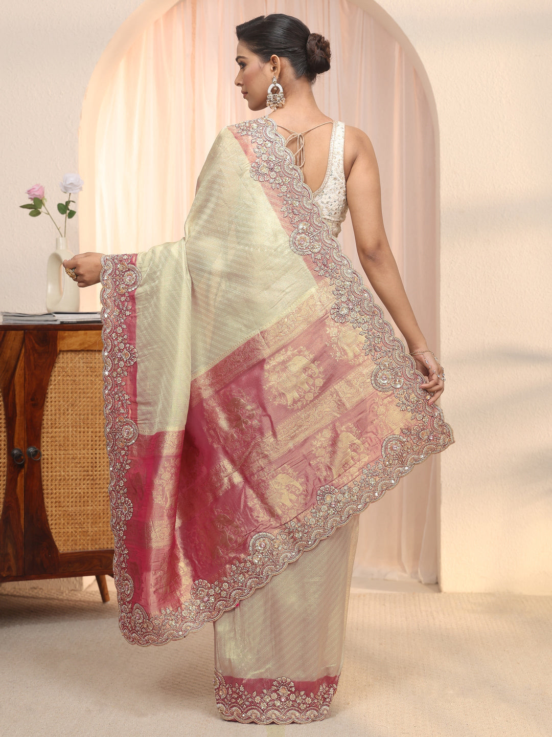  Libas Art Golden Woven Design Tissue Saree with Embellished Border 