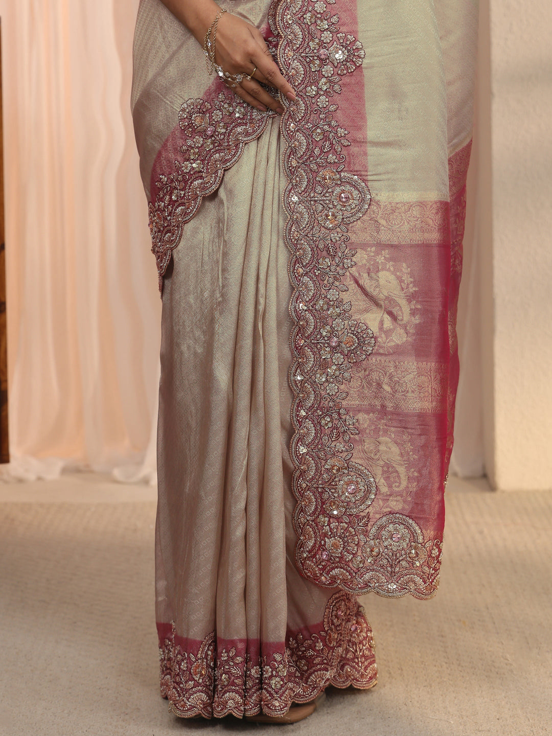  Libas Art Golden Woven Design Tissue Saree with Embellished Border 