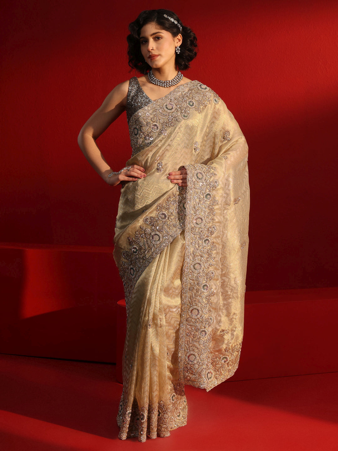  Libas Art Golden Chevron Woven Design with Embellished Border 