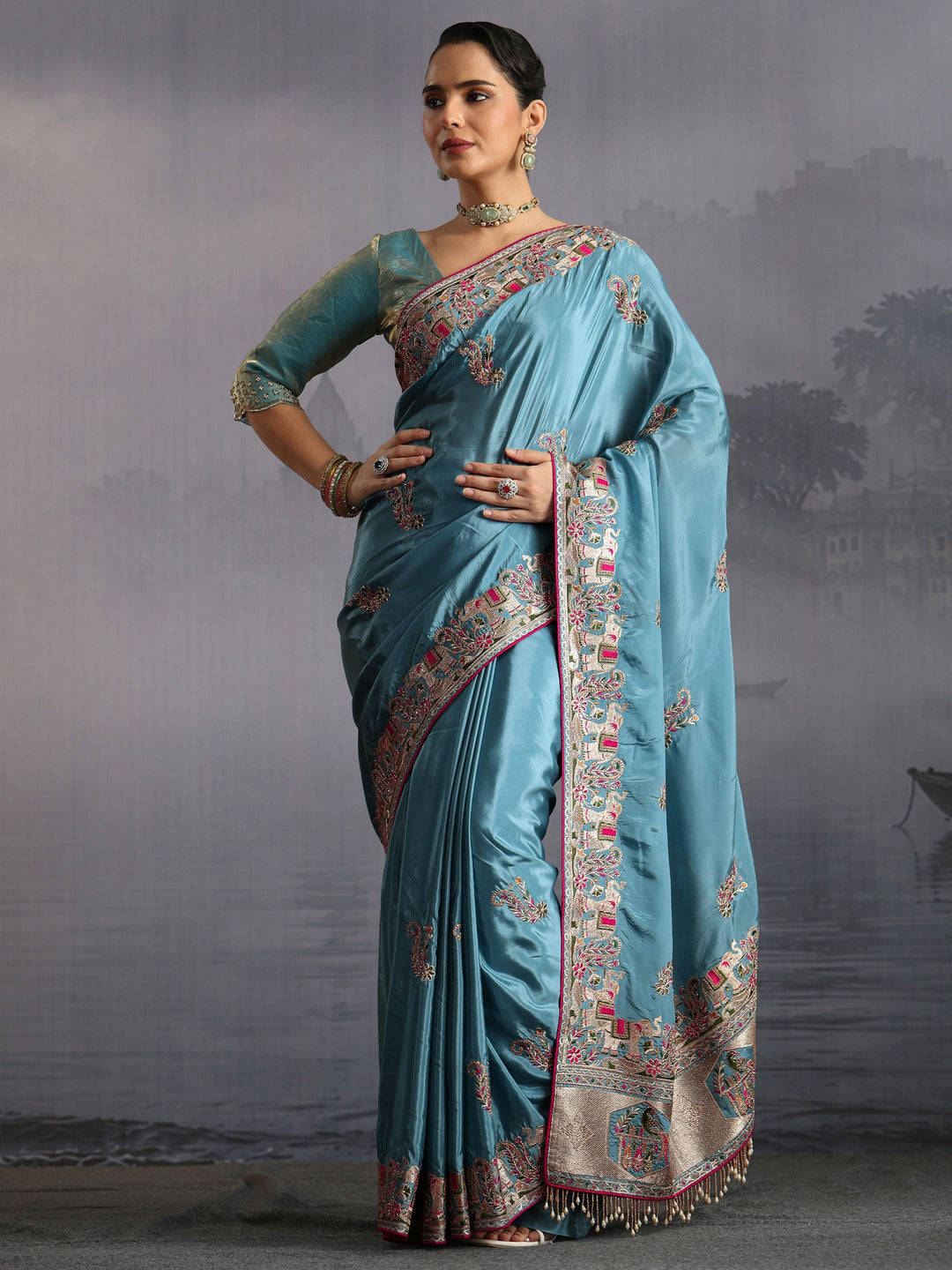  Libas Blue Elephant Motif Embroidered Satin Tassel Saree 