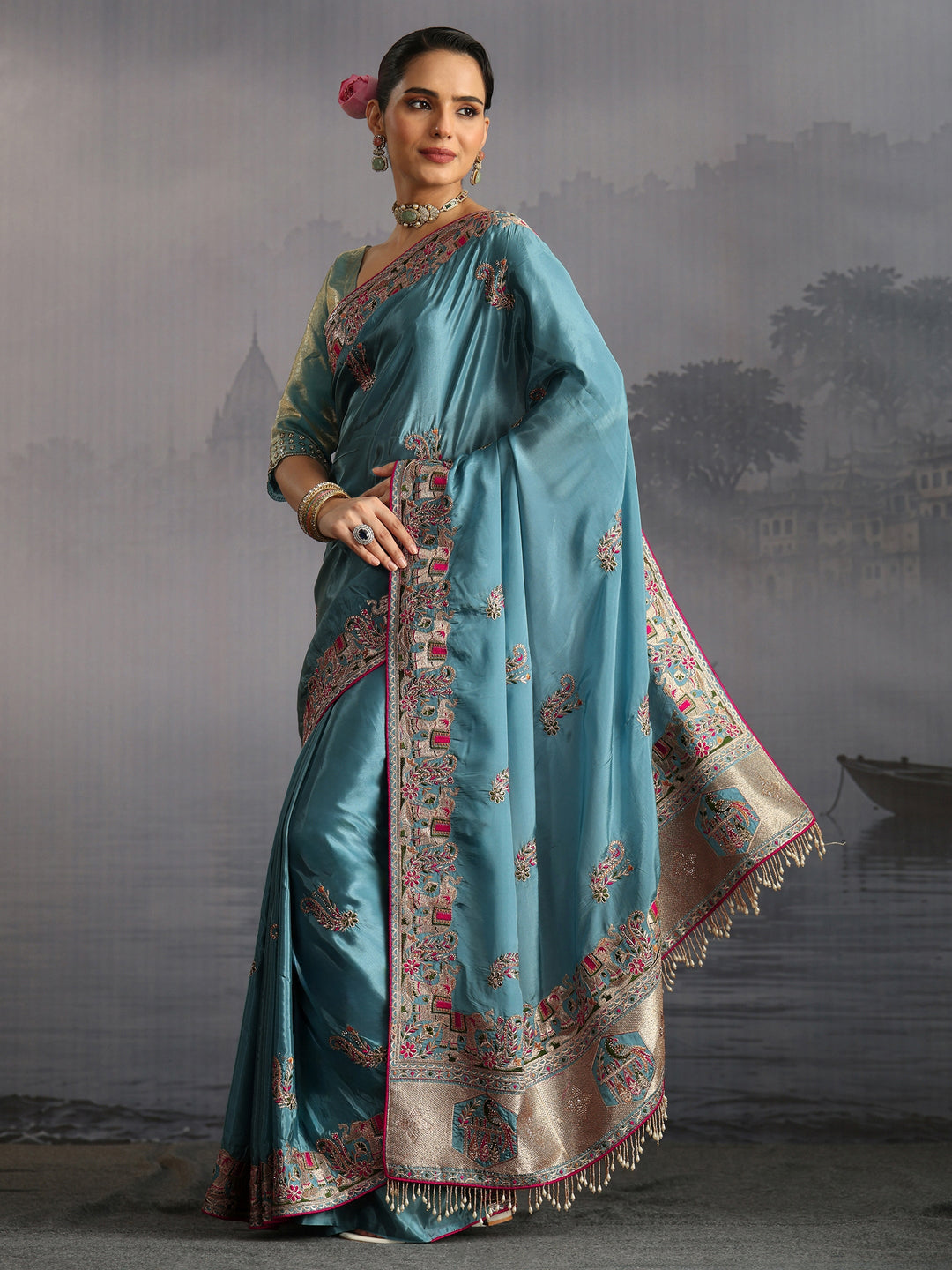  Libas Blue Elephant Motif Embroidered Satin Tassel Saree 