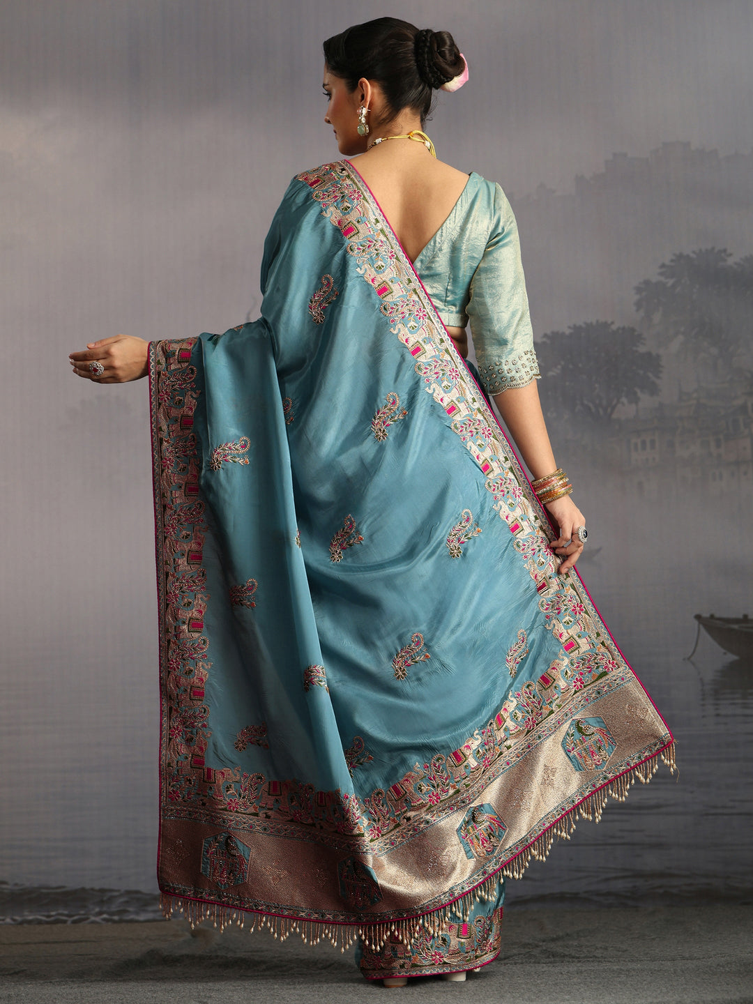  Libas Blue Elephant Motif Embroidered Satin Tassel Saree 