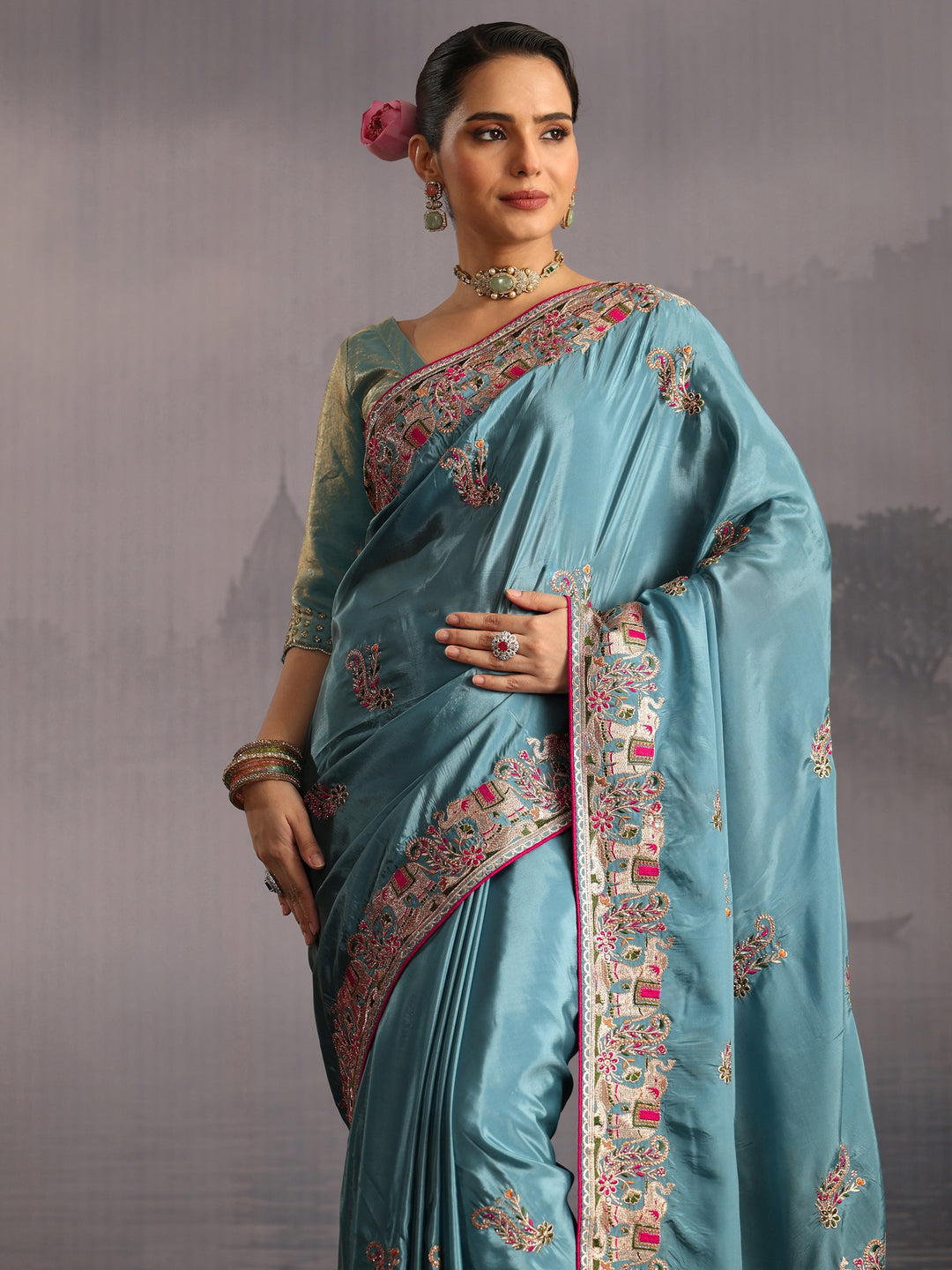  Libas Blue Elephant Motif Embroidered Satin Tassel Saree 