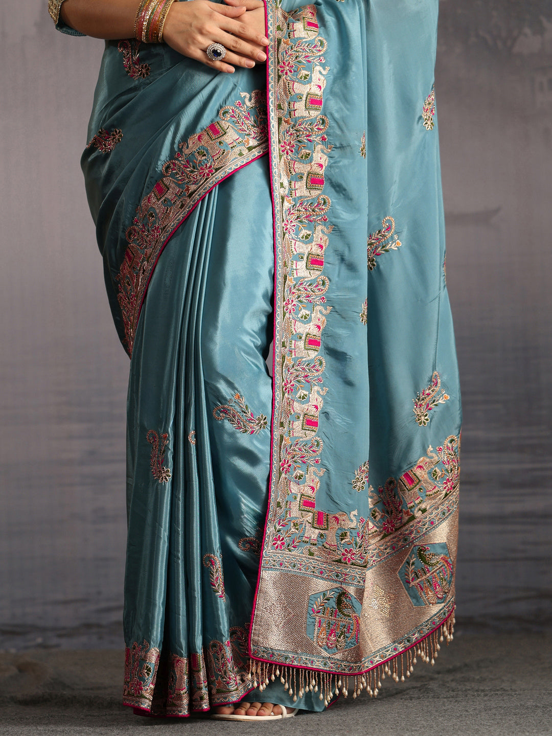  Libas Blue Elephant Motif Embroidered Satin Tassel Saree 