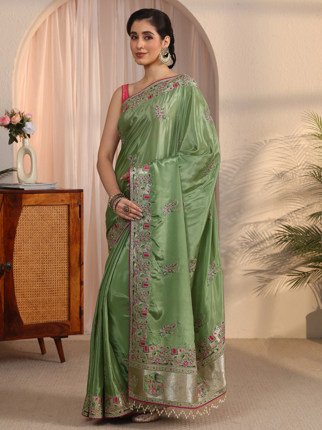  Libas Green Floral Embroidered Satin Tassel Saree 