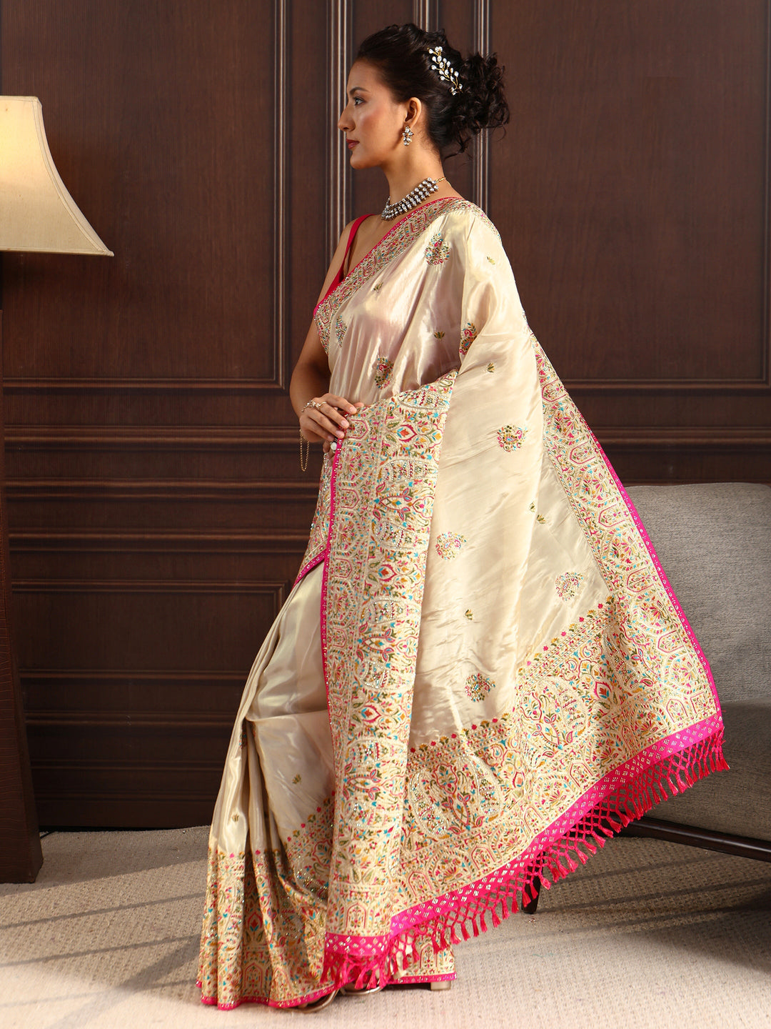  Libas Art Cream Floral Embroidered Satin Tassel Saree with Stone Work 