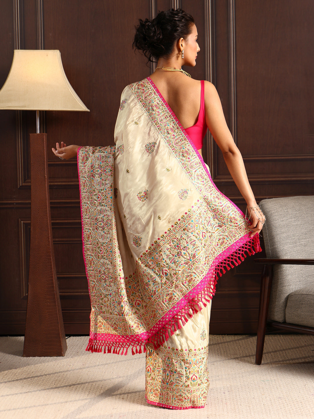  Libas Art Cream Floral Embroidered Satin Tassel Saree with Stone Work 