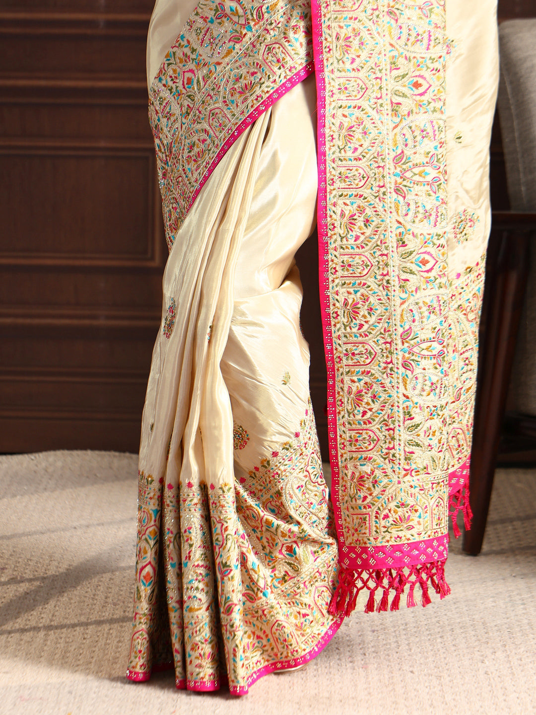  Libas Art Cream Floral Embroidered Satin Tassel Saree with Stone Work 