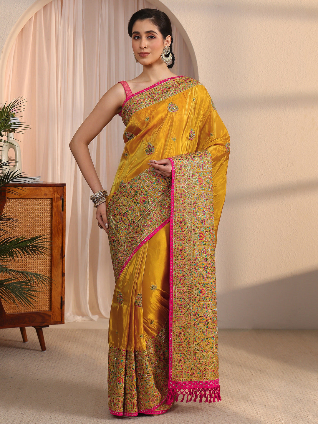  Libas Art Mustard Mughal Embroidered Satin Tassel Saree 