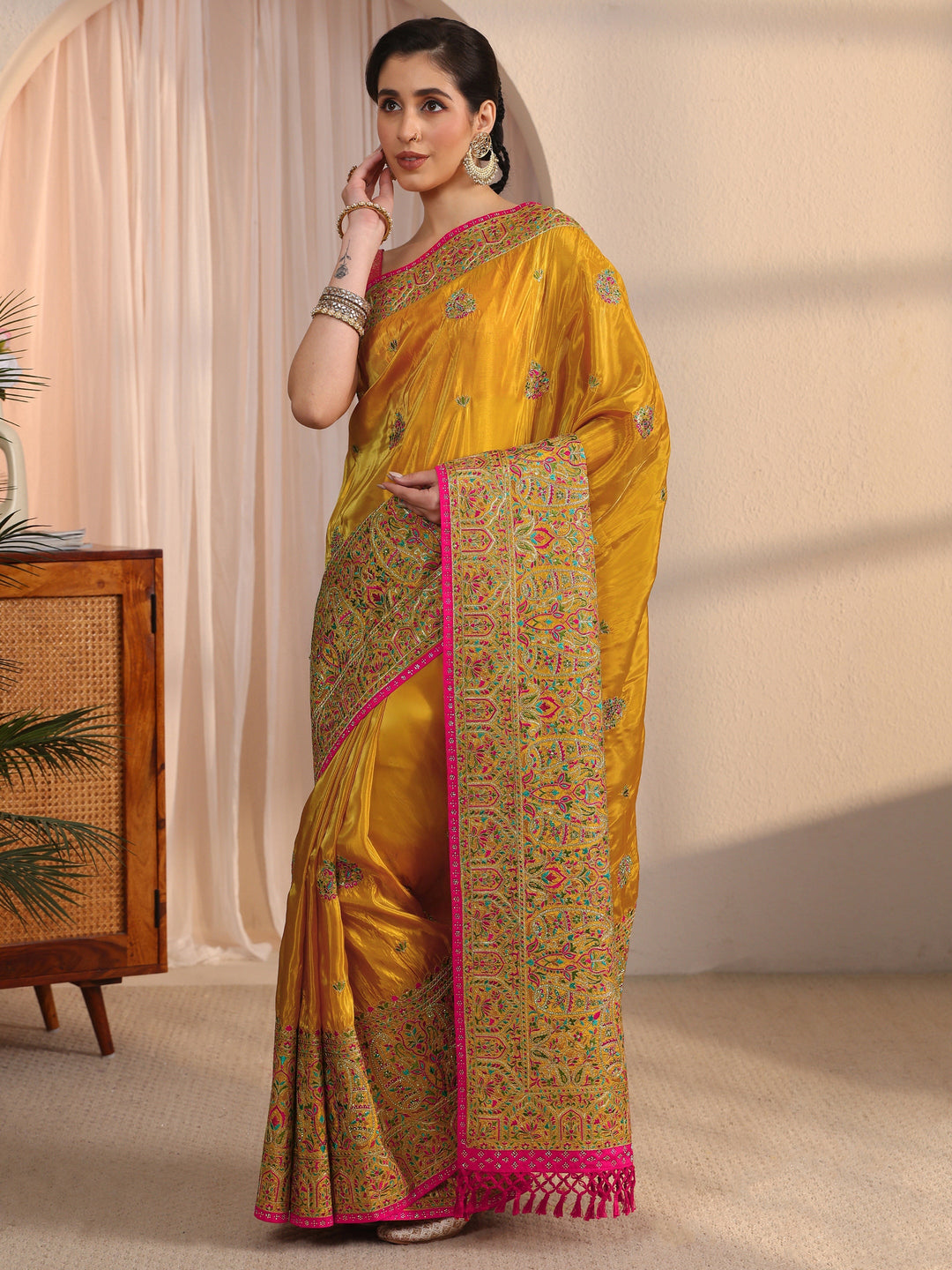  Libas Art Mustard Mughal Embroidered Satin Tassel Saree 