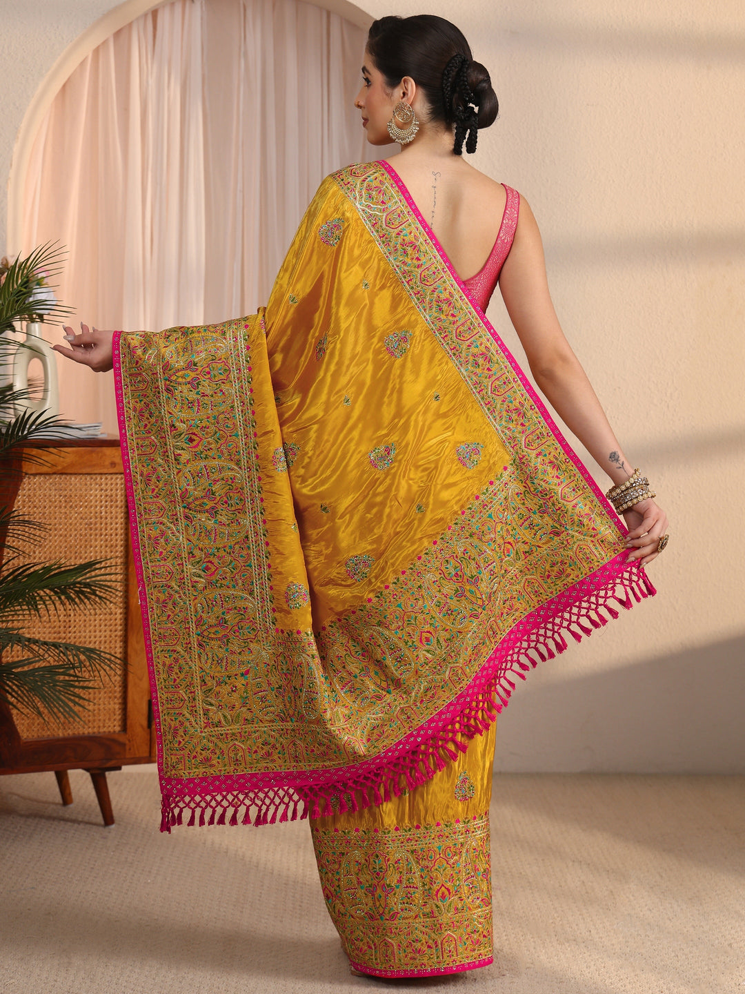  Libas Art Mustard Mughal Embroidered Satin Tassel Saree 
