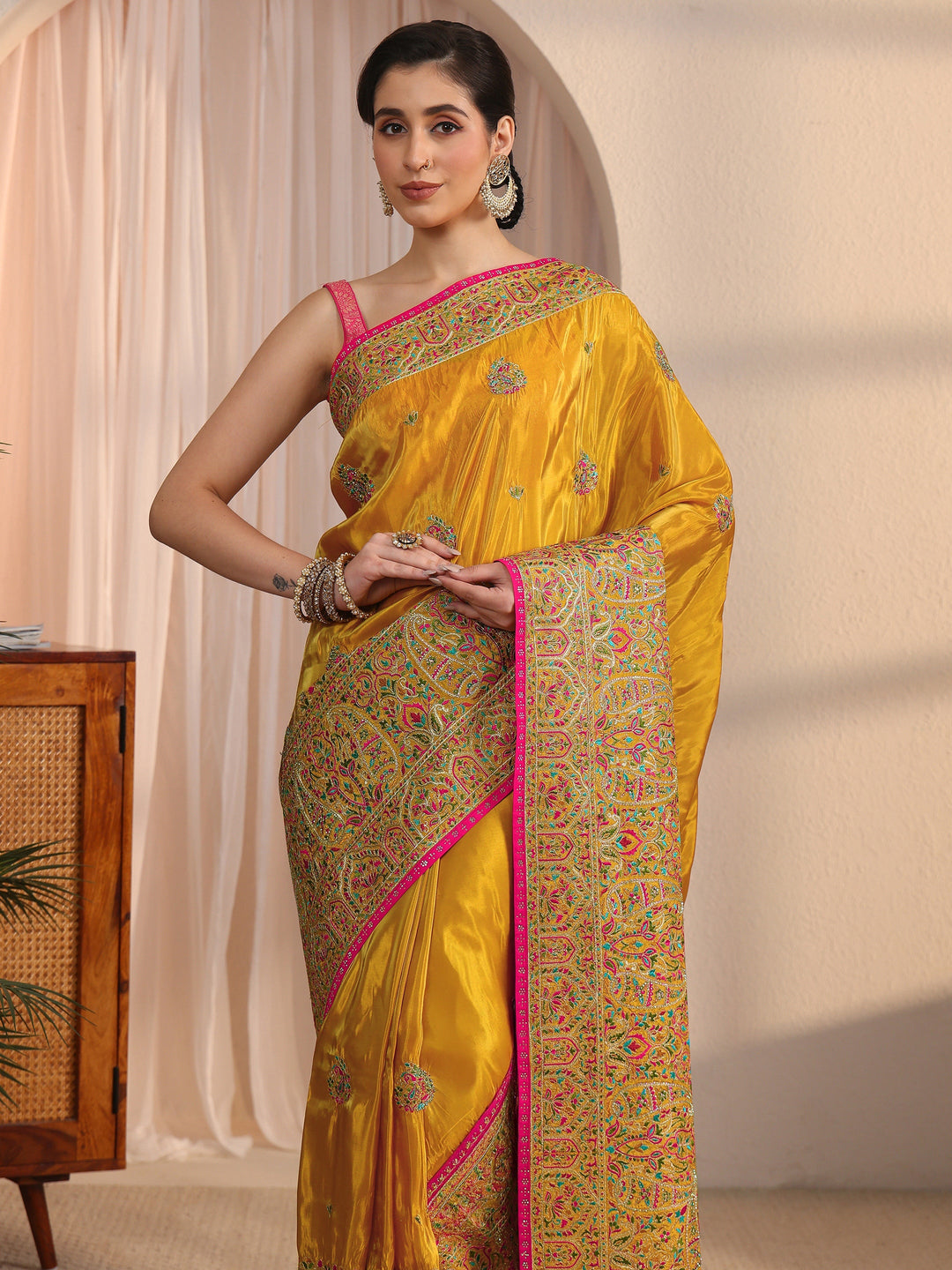  Libas Art Mustard Mughal Embroidered Satin Tassel Saree 