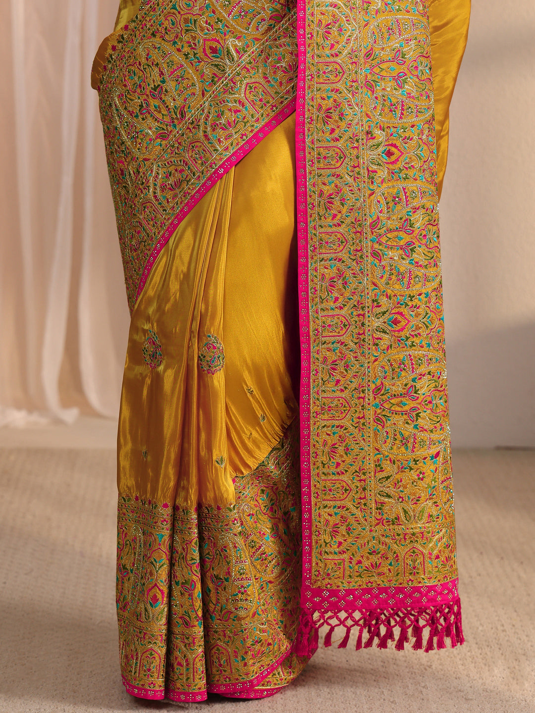  Libas Art Mustard Mughal Embroidered Satin Tassel Saree 