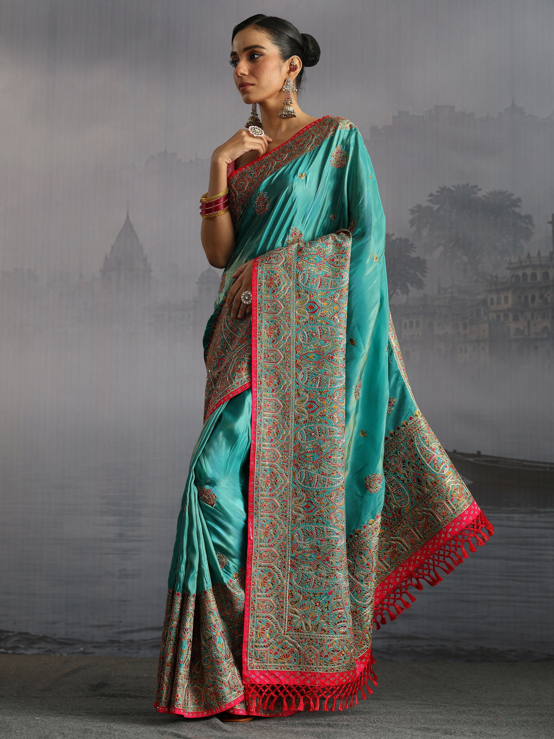  Libas Art Blue Ethnic Embroidered Satin Tassel Saree 