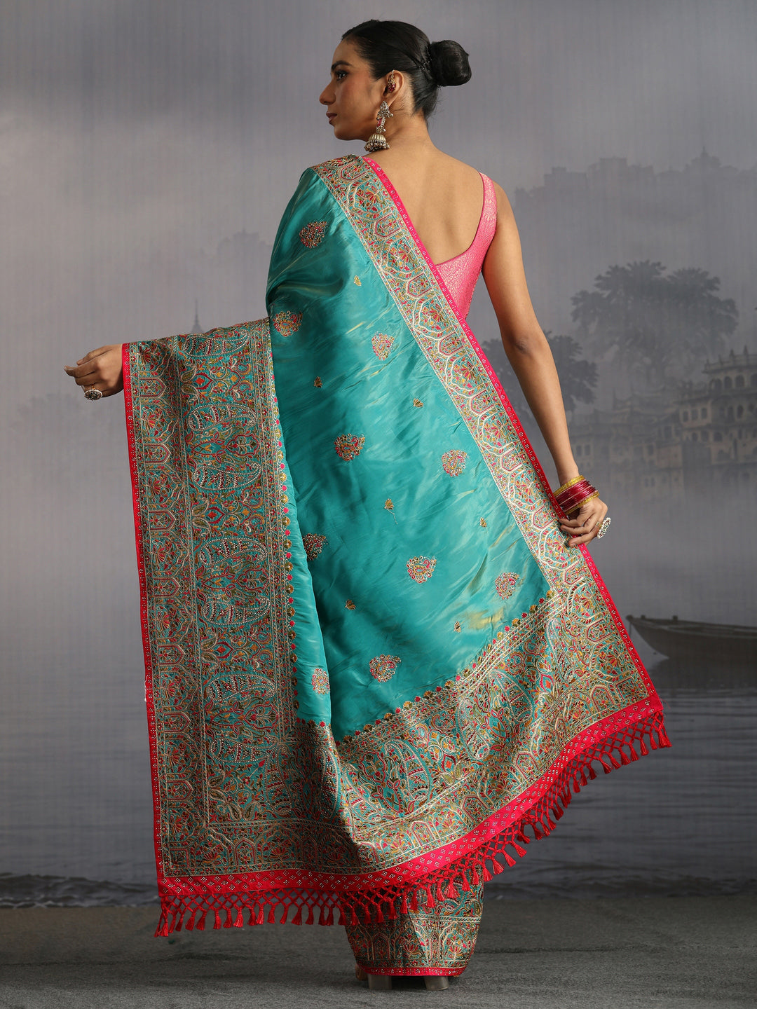  Libas Art Blue Ethnic Embroidered Satin Tassel Saree 