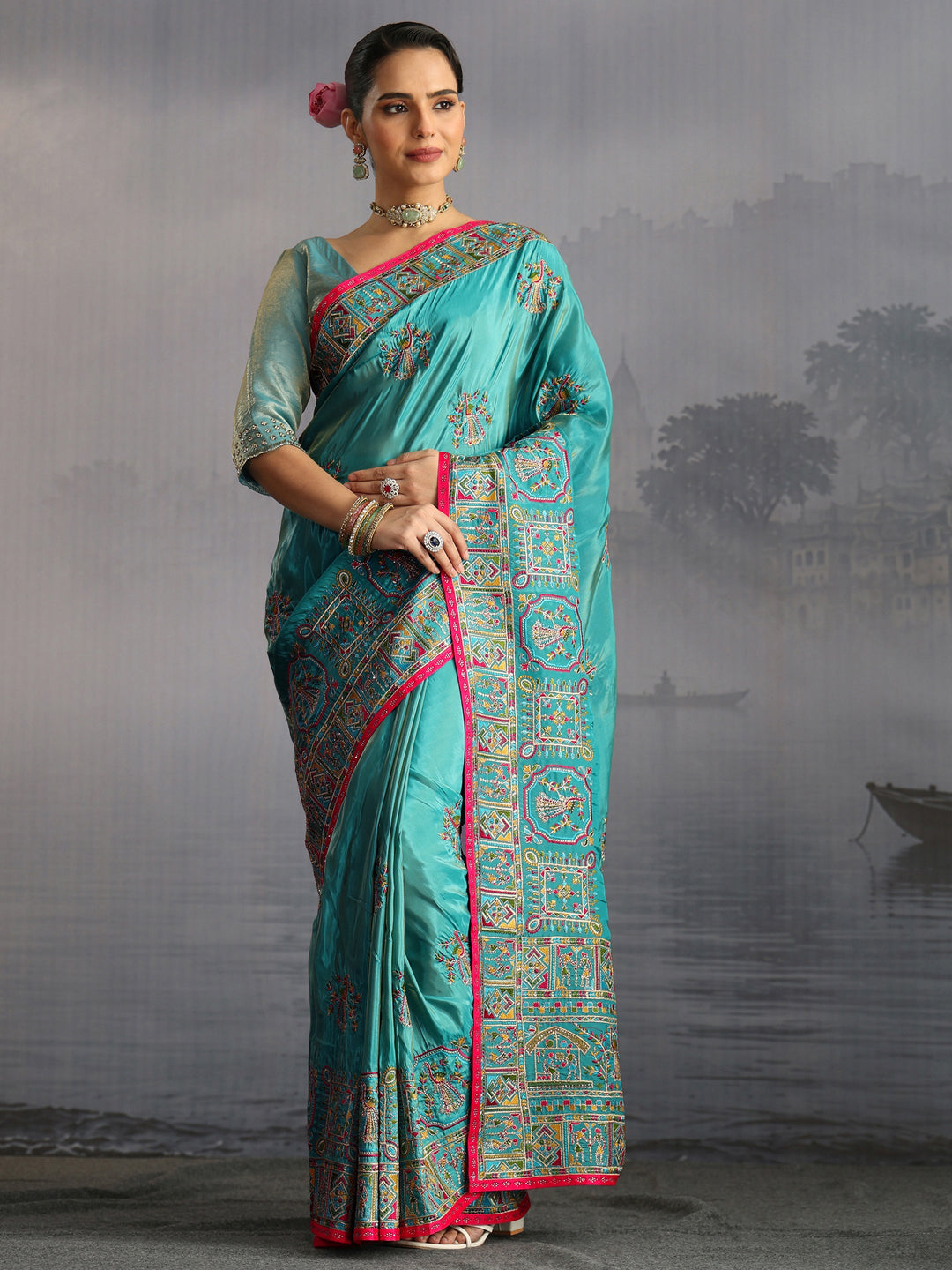  Libas Sea Green Kutch Embroidered Satin Saree 