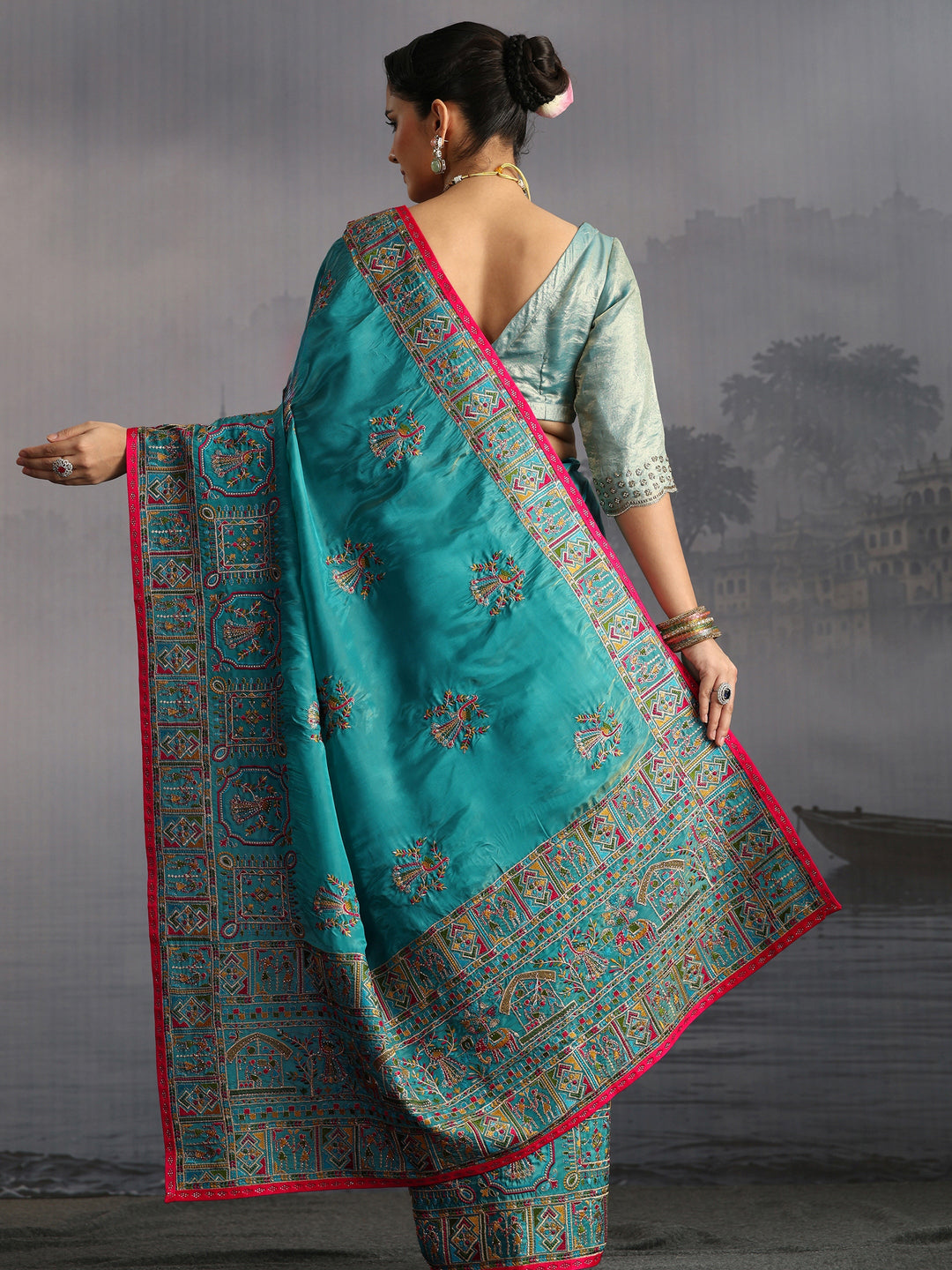  Libas Sea Green Kutch Embroidered Satin Saree 