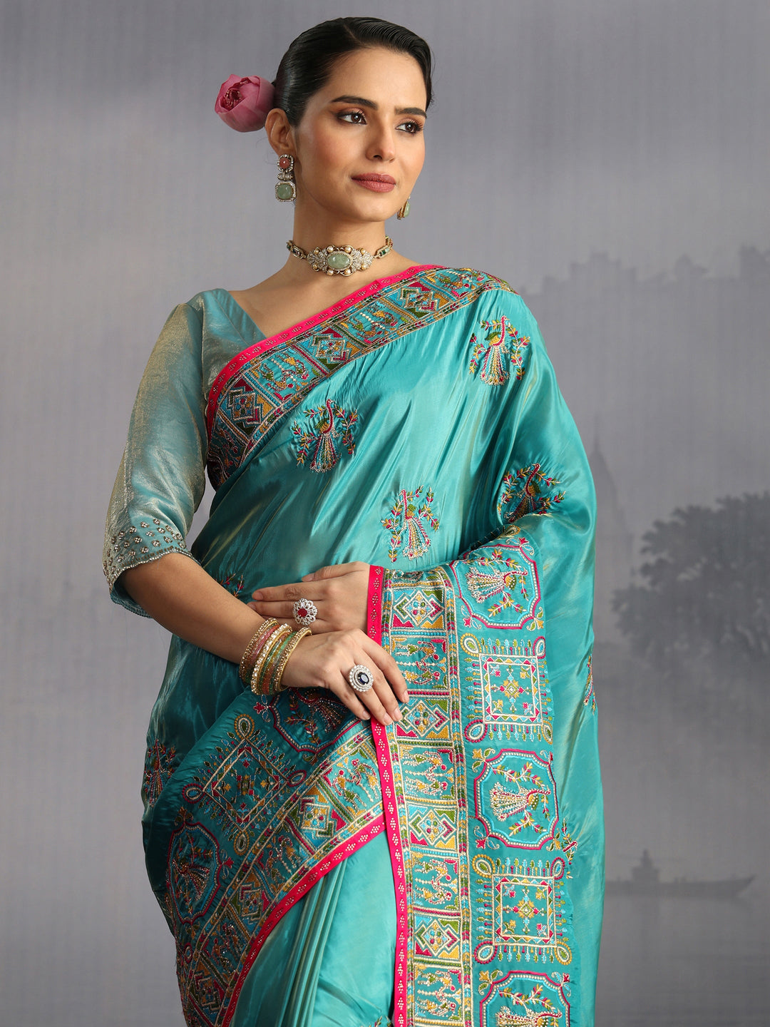  Libas Sea Green Kutch Embroidered Satin Saree 